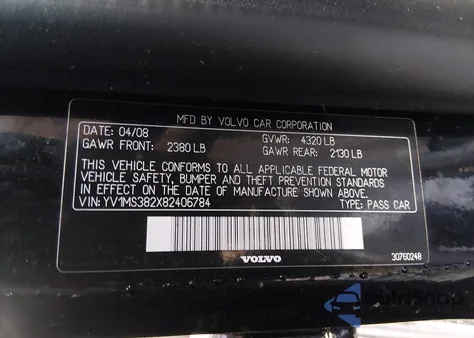 2008 Volvo S40 2.4I z USA, uszkodzony, nr VIN YV1MS382X82406784